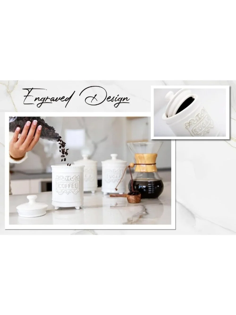 3-Piece Ceramic Canister Set - 35 Oz Each, Airtight Lids, Kitchen Storage
